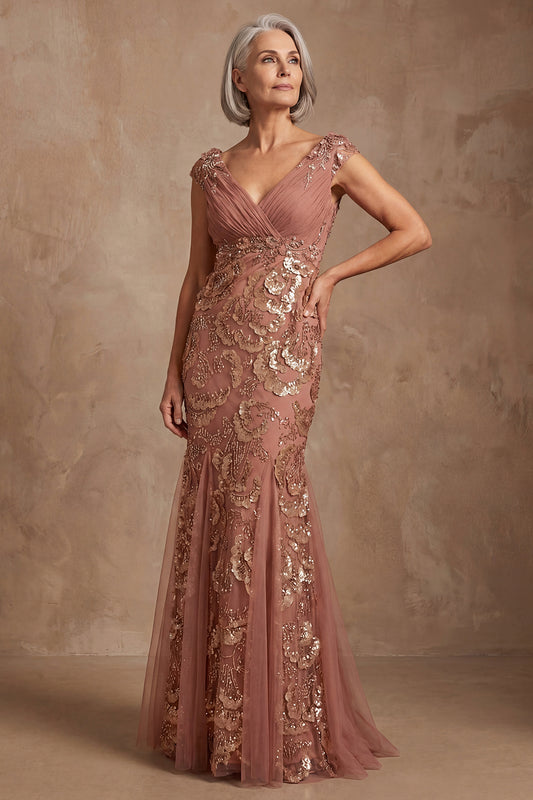 Sparkly Desert Rose V Neck Beaded Floral Mother of the Bride Dress