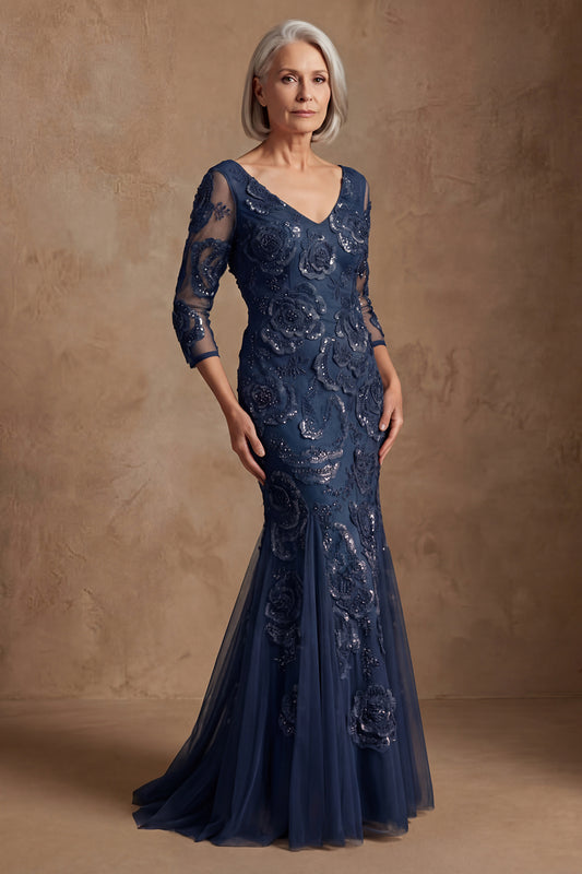 Navy Floral Lace Mermaid Long Beaded Mother of the Bride Dress with Sleeves