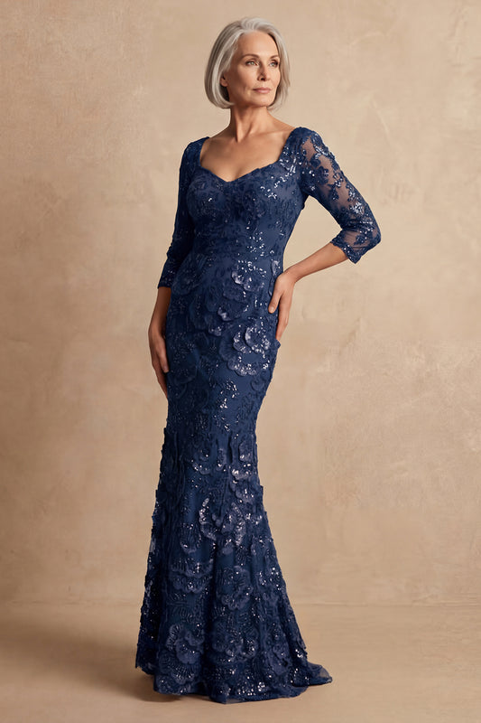 Sparkly Navy Long Sleeves Floral Mother of the Bride Dress