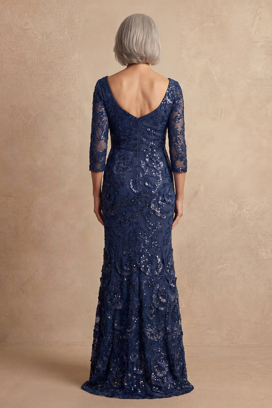 Sparkly Navy Long Sleeves Floral Mother of the Bride Dress