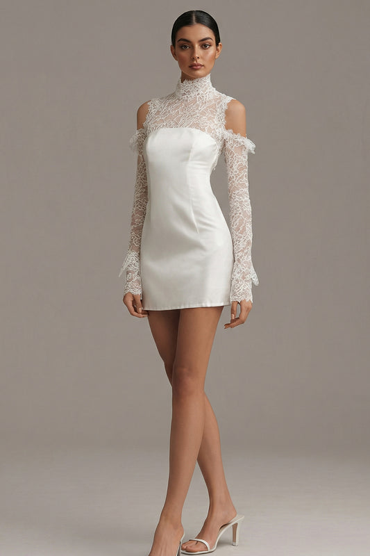 White Bodycon Short Cold Shoulder Ruffled Graduation Dress with Sleeves