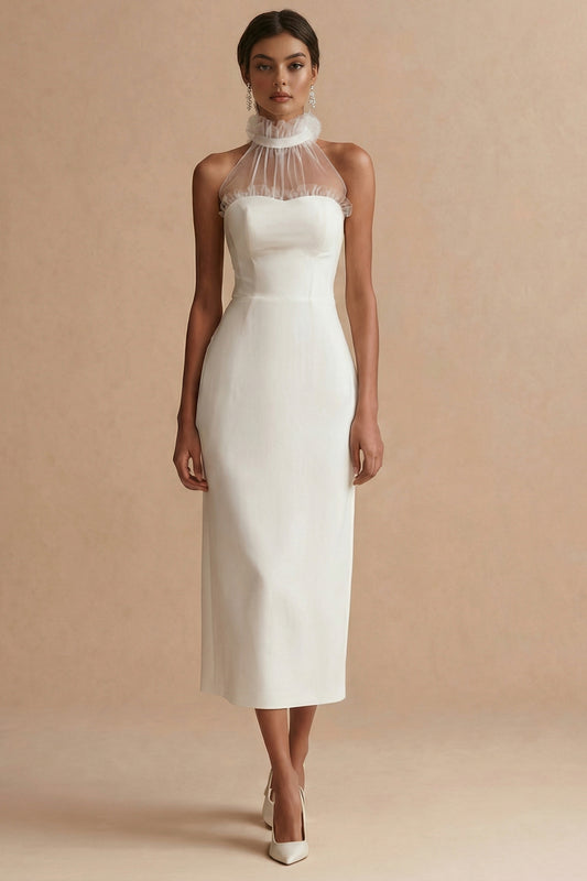 White Sheath Round Neck Ruffled Maxi Engagement Dress