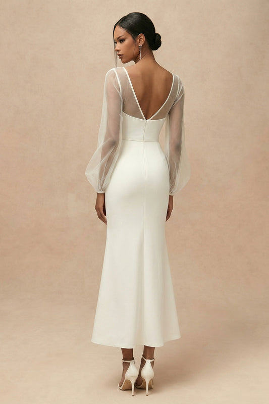 White Long Mermaid Bateau Neck Engagement Dress with Sleeves