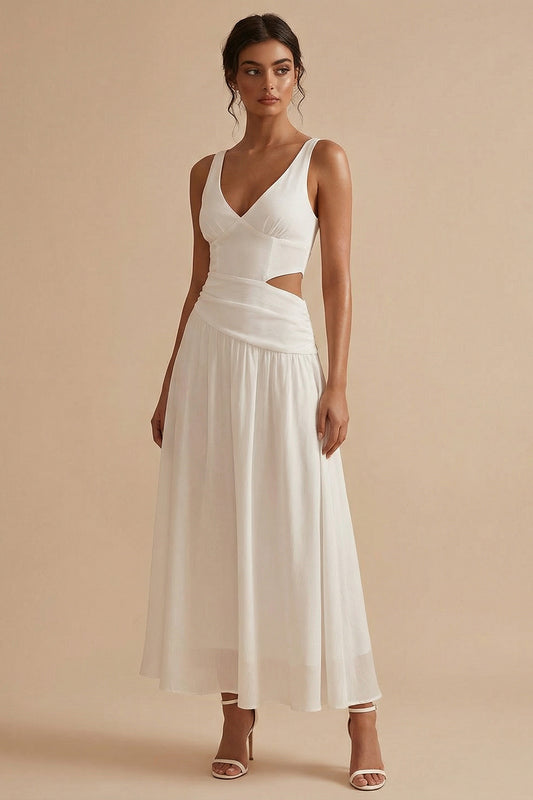 White Maxi A Line V Neck Cut Out Engagement Dress