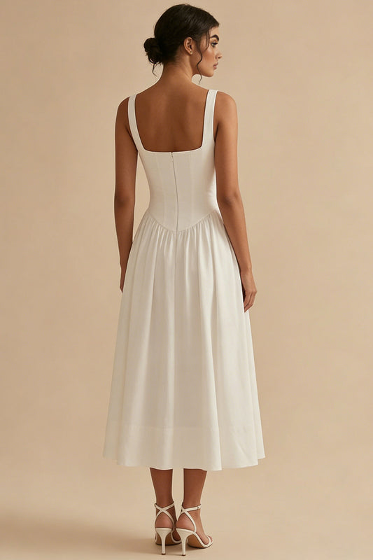 White Maxi Basque Waist Square Neck Corset Engagement Dress