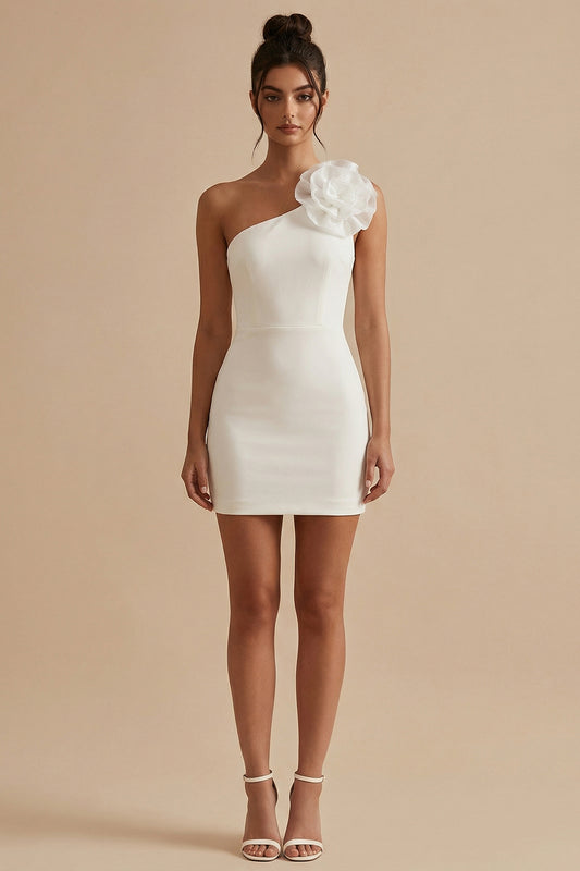 White Short Bodycon One Shoulder Graduation Dress with 3D Flower
