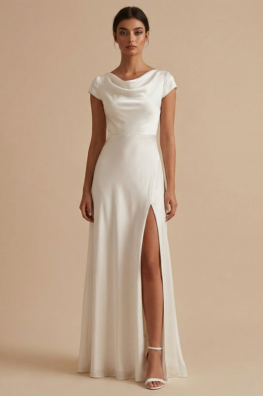 White Long Sheath Cowl Neck Engagement Dress with Slit