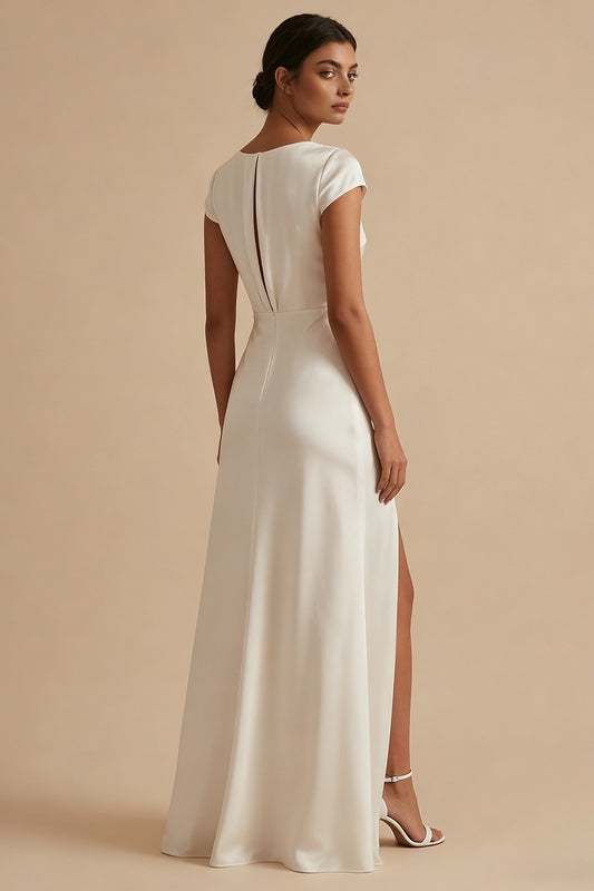 White Long Sheath Cowl Neck Engagement Dress with Slit