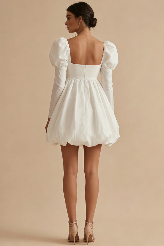 White Short A Line Square Neck Puff Sleeves Bubble Hem Graduation Dress