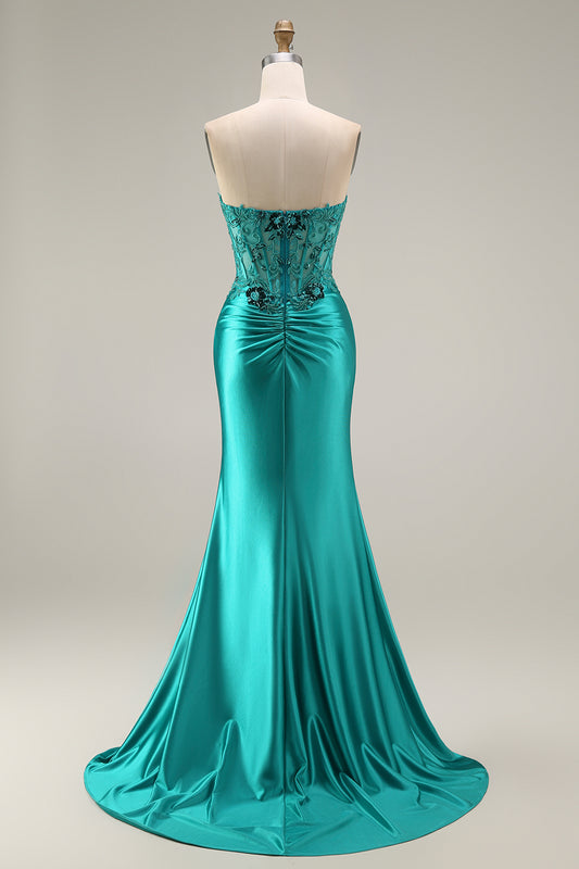 Peacock Floral Corset Ruched Mermaid Strapless Long Prom Dress with Slit