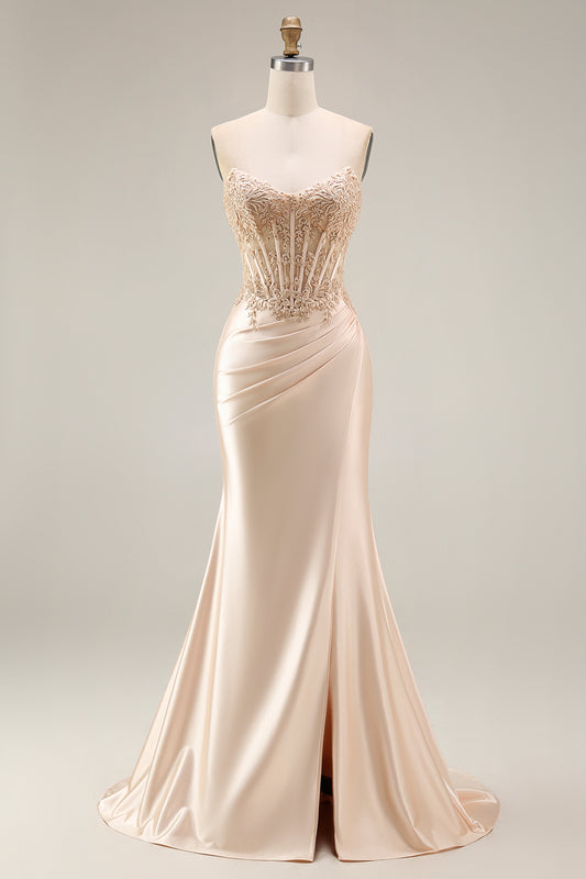 Corset Ruched Champagne Floral Appliqued Mermaid Long Prom Dress with Slit