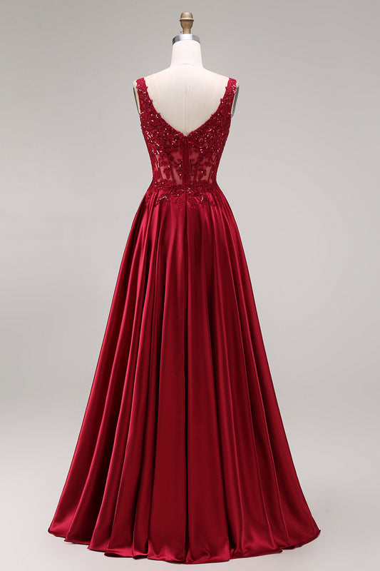 Burgundy Corset Square Neck A Line Floral Long Prom Dress