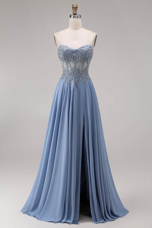 Sparkly Steel Blue Corset Appliqued A Line Floral Long Prom Dress with Slit