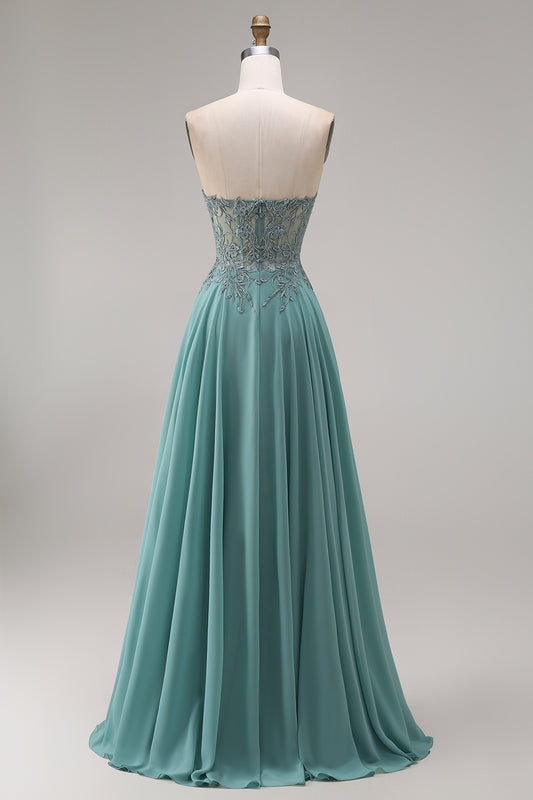 A Line Eucalyptus Corset Appliqued Floral Long Prom Dress with Slit