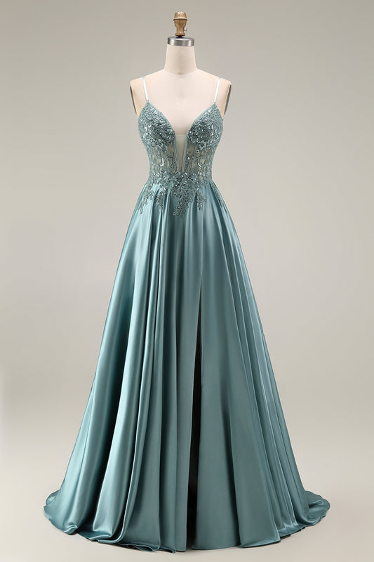 Spaghetti Straps Corset Agave A Line Appliqued Floral Long Prom Dress