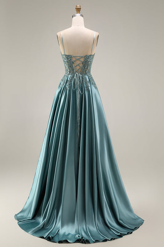 Spaghetti Straps Corset Agave A Line Appliqued Floral Long Prom Dress