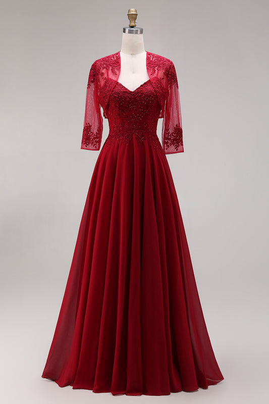 Appliqued Burgundy A Line Floral Long Mother of the Bride Dress with Jacket