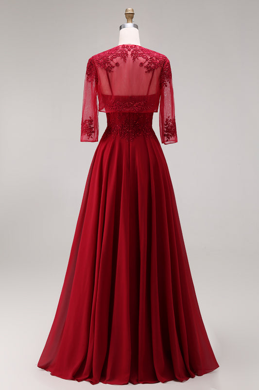 Appliqued Burgundy A Line Floral Long Mother of the Bride Dress with Jacket