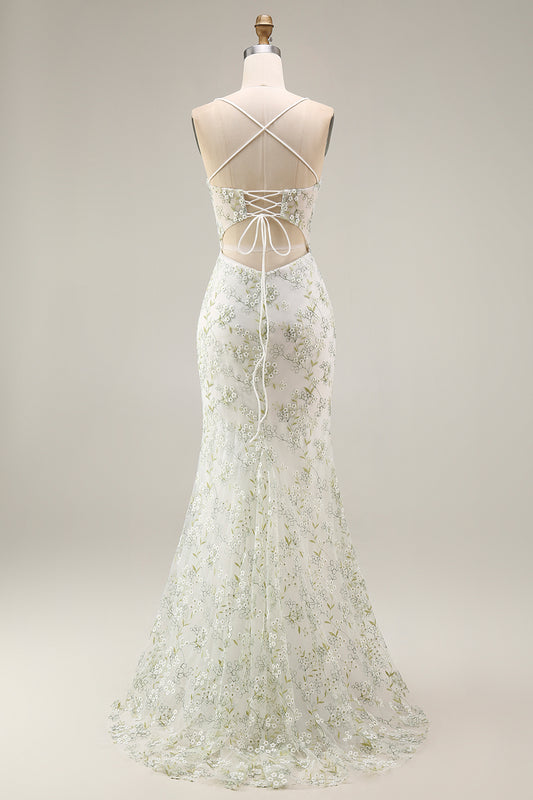 White Green Flower Corset Mermaid Spaghetti Straps Long Prom Dress with Slit