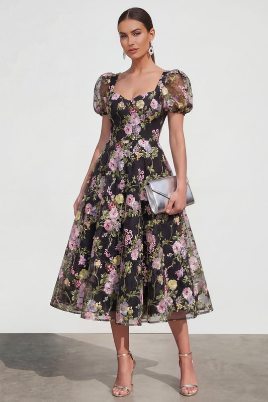 Black Pink Flower A Line Puff Sleeves Maxi Wedding Guest Dress