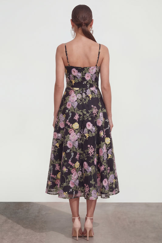 Spaghetti Straps Black Pink Flower A Line Maxi Wedding Guest Dress