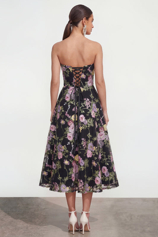 Strapless Black Pink Flower A Line Maxi Wedding Guest Dress with Pockets