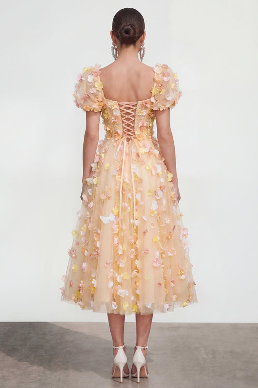 Champagne Floral Puff Sleeves A Line Maxi Wedding Guest Dress