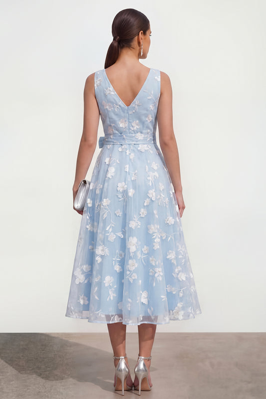 Blue A Line V-Neck Floral Ruched Maxi Wedding Guest Dress with Bow
