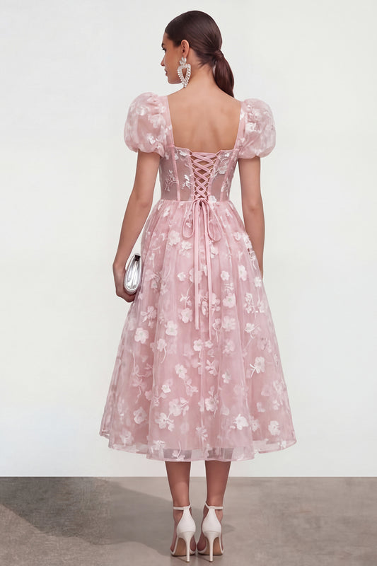 Pink Corset Floral Puff Sleeves A Line Maxi Wedding Guest Dress