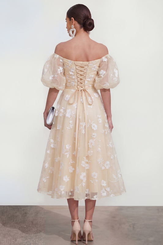 Puff Sleeves Apricot A Line Floral Ruched Maxi Wedding Guest Dress