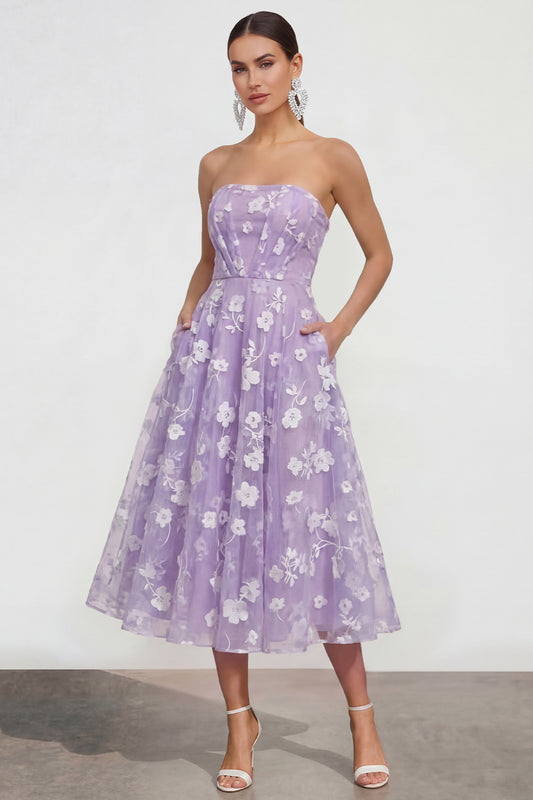 Strapless Corset Lilac A Line Floral Maxi Wedding Guest Dress