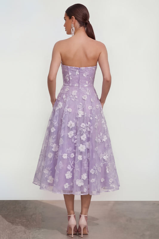 Strapless Corset Lilac A Line Floral Maxi Wedding Guest Dress