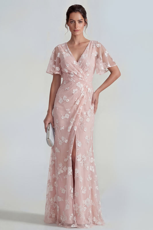 Pink Floral Flutter Sleeves Sheath Maxi Ruched Wedding Guest Dress with Slit