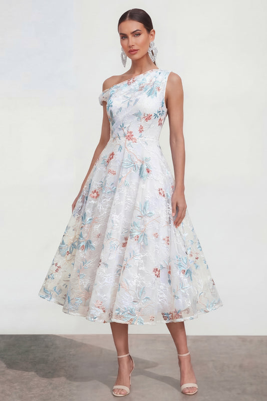 White Blue Flower One Shoulder A Line Maxi Wedding Guest Dress