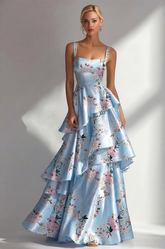 Blue A Line Floral Long Square Neck Wedding Guest Dress with Ruffles