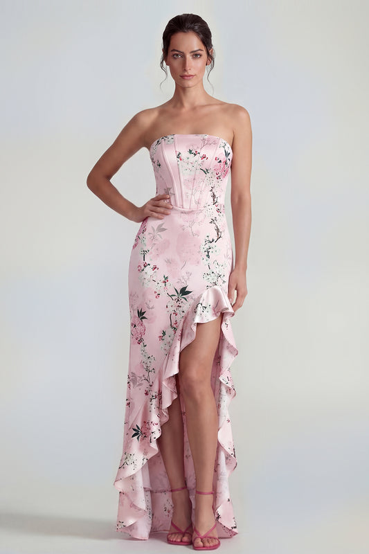 Corset Mermaid Long Pink Floral Wedding Guest Dress with Ruffles