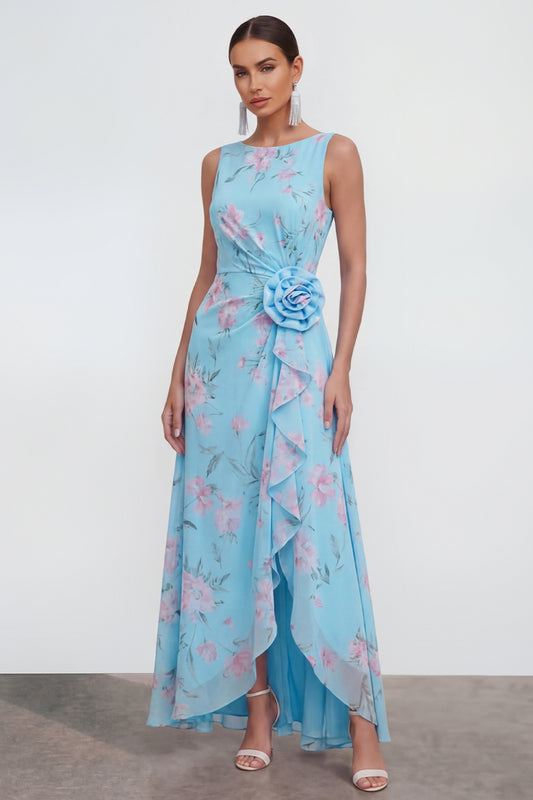 Blue Pink Flower Sheath Maxi Beach Wedding Guest Dress with Ruffles