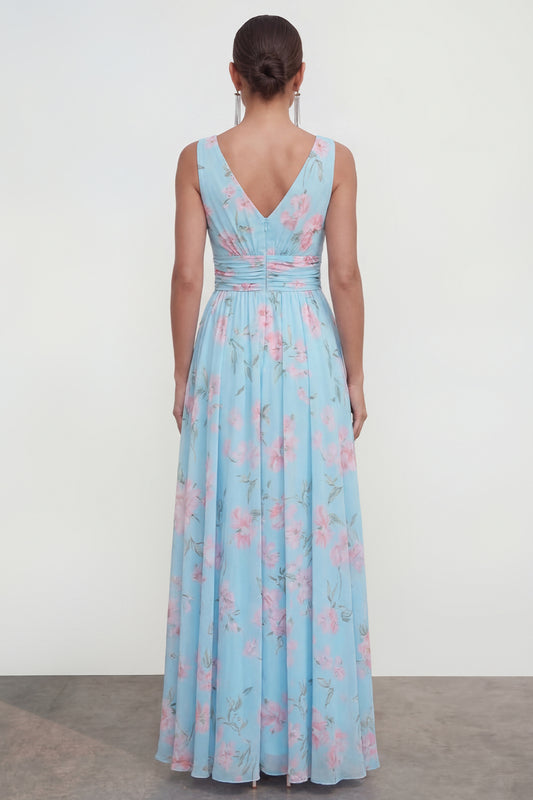A Line Blue Pink Flower Ruched Maxi Beach Wedding Guest Dress