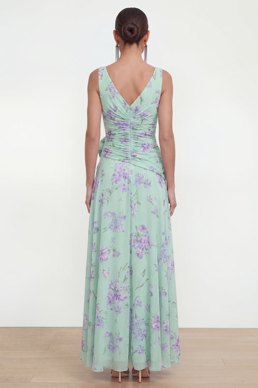 Ruffled Maxi Green Purple Flower Beach Wedding Guest Dress with Slit