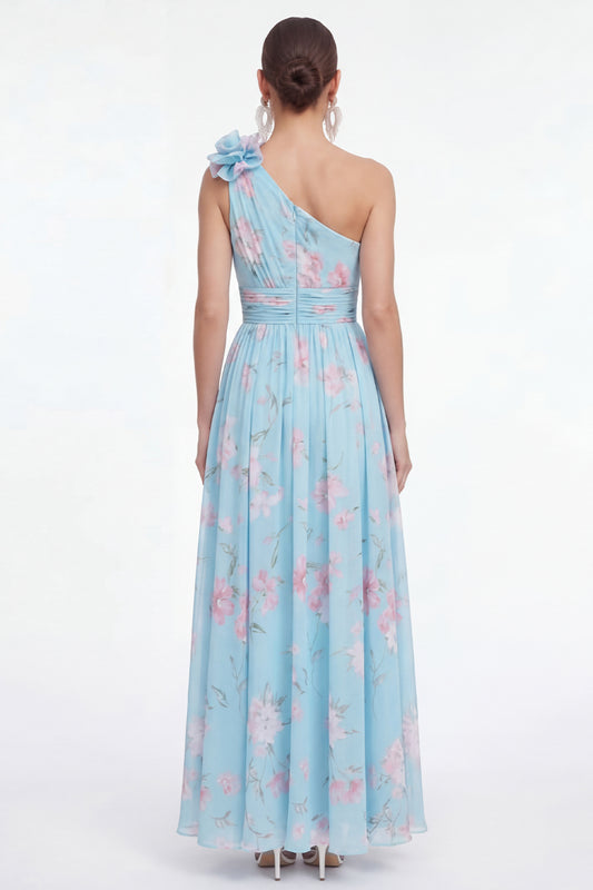 Ruched Maxi Blue Pink Flower A Line Beach Wedding Guest Dress