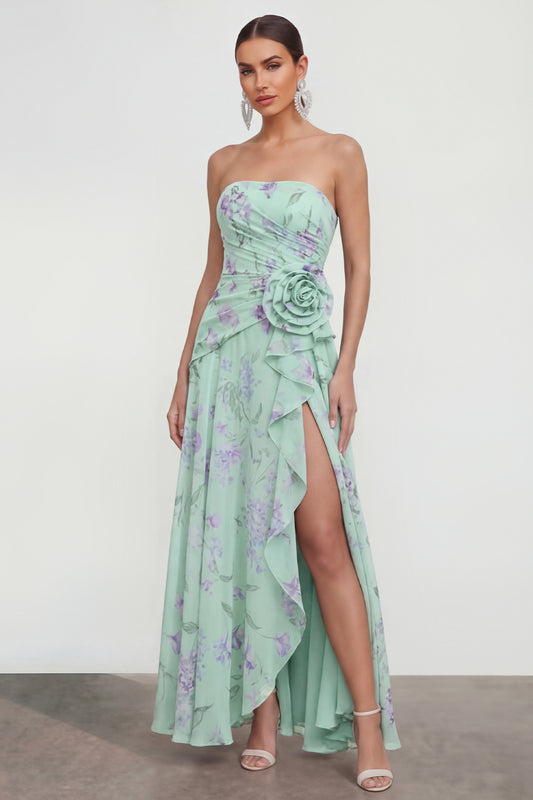 Strapless Green Purple Flower A Line Maxi Beach Wedding Guest Dress with Ruffles