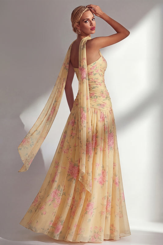 Butter Yellow Floral Strapless Ruched Long Neck Scarf Boho Bridesmaid Dress with Slit