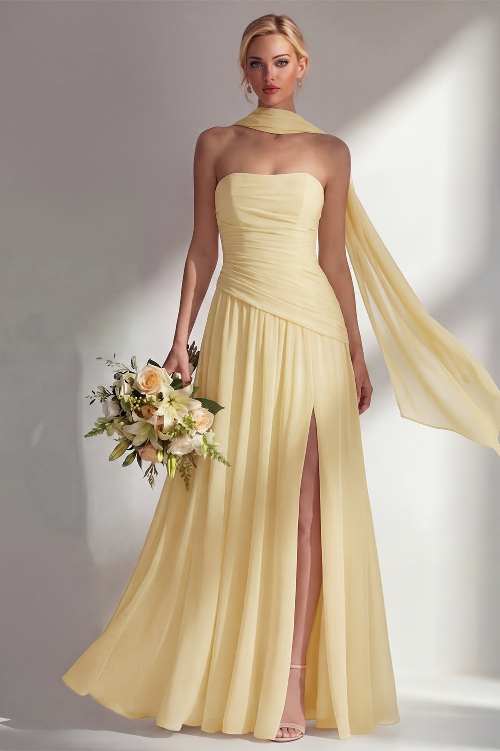 ZAPAKA Women Butter Yellow Chiffon Bridesmaid Dress with Slit Strapless Ruched Sheath Long Wedding Guest Dress with Neck Scarf, Butter Yellow / US6