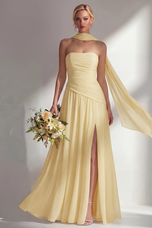 Strapless Ruched Long Butter Yellow Neck Scarf Boho Bridesmaid Dress with Slit