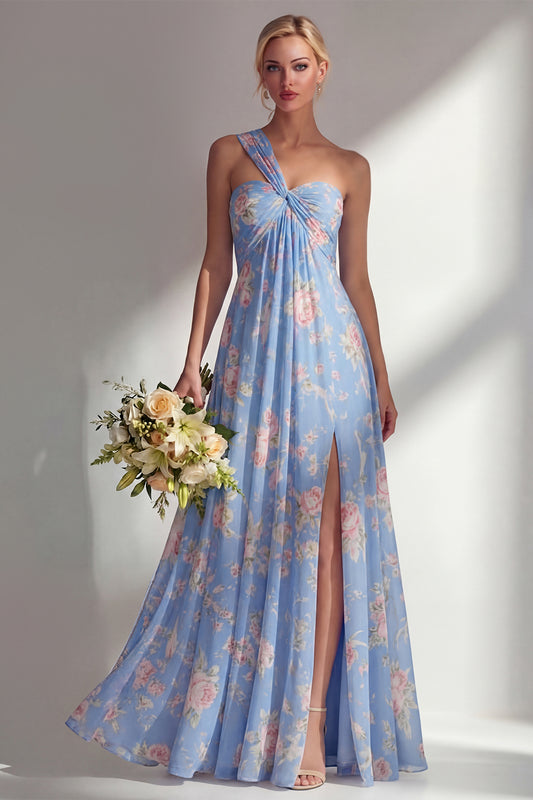 Blue Pink Flower Convertible Wear Long Boho Bridesmaid Dress with Slit