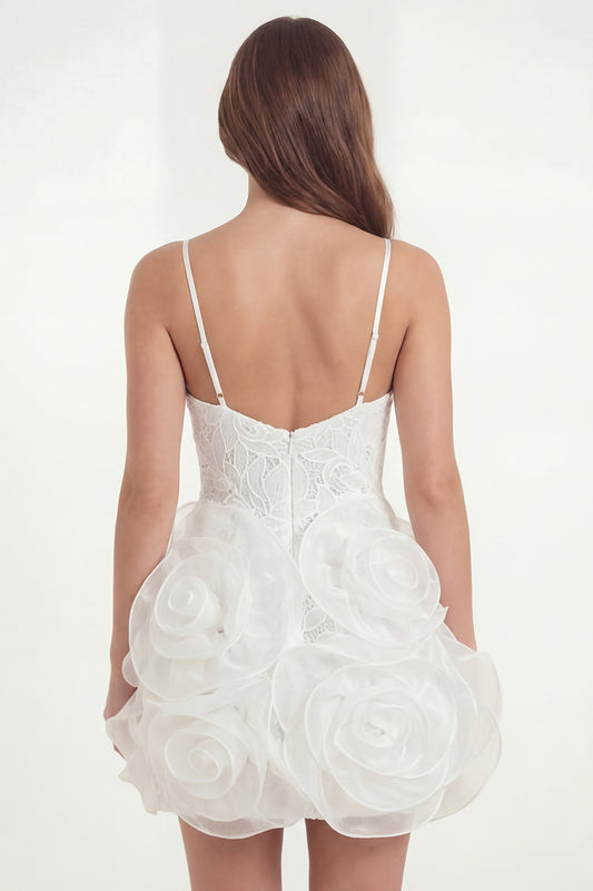 White Lace Spaghetti Straps Tight Short Graduation Dress with 3D Flowers