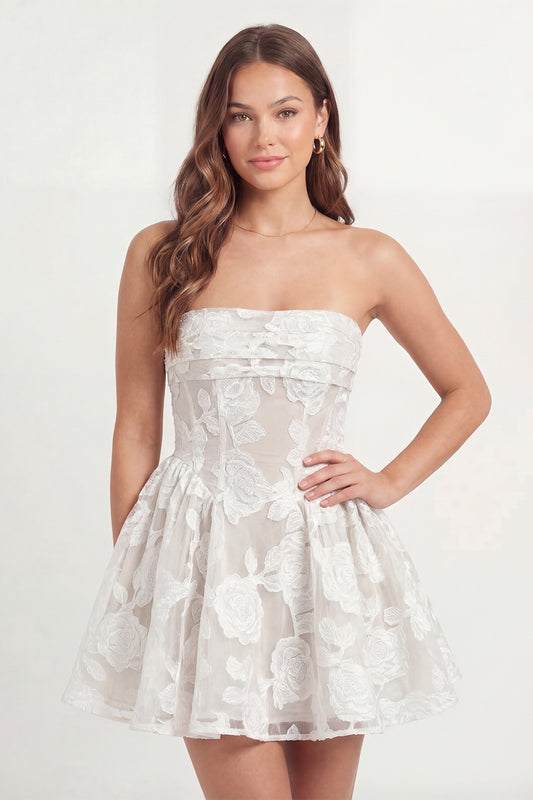 Strapless Corset A Line Floral Lace White Short Graduation Dress