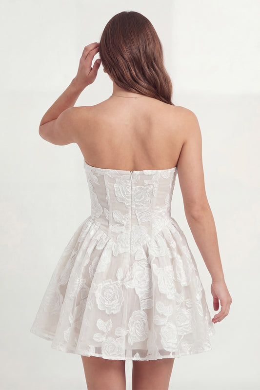 Strapless Corset A Line Floral Lace White Short Graduation Dress