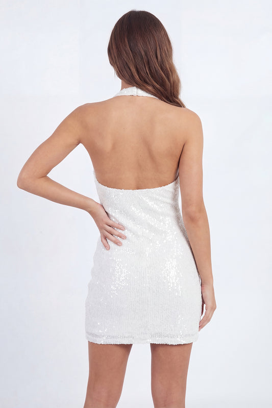 Sparkly White Tight Short Halter Ruched Bachelorette Dress