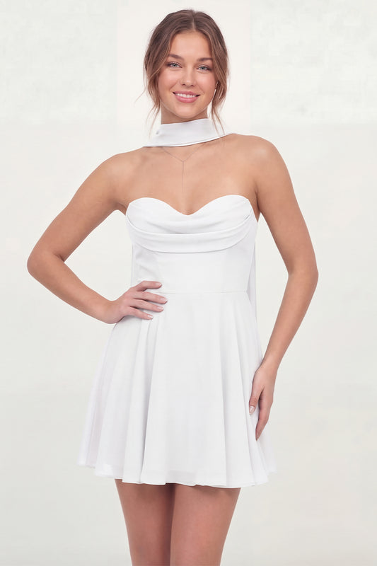 Neck Scarf Corset A Line White Short Strapless Graduation Dress
